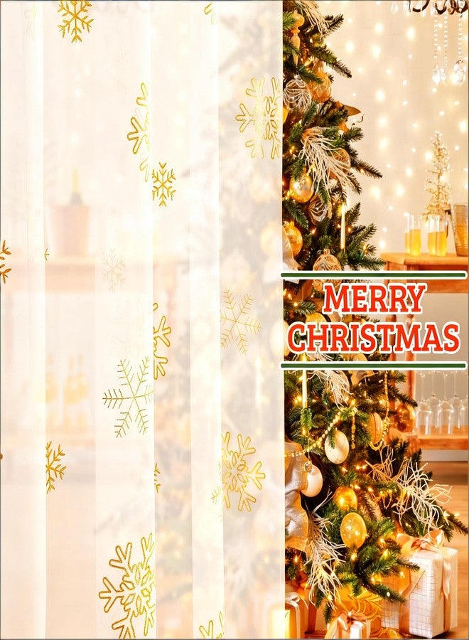 MikiUp Christmas Snowflakes Sheer Curtains, Gold Foil Printed Semi Sheer Drapes, Rod Pocket Xmas Decoration Window Treatment Panels for Bedroom Living Room, White 52 x 63 inch - Image 3